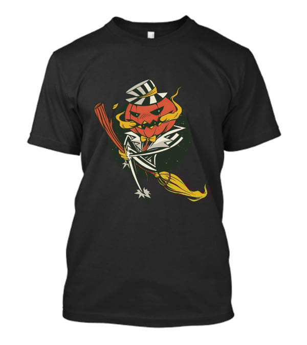 Halloween Pumpkin Skeleton With Striped Hat And Broomstick T-Shirt