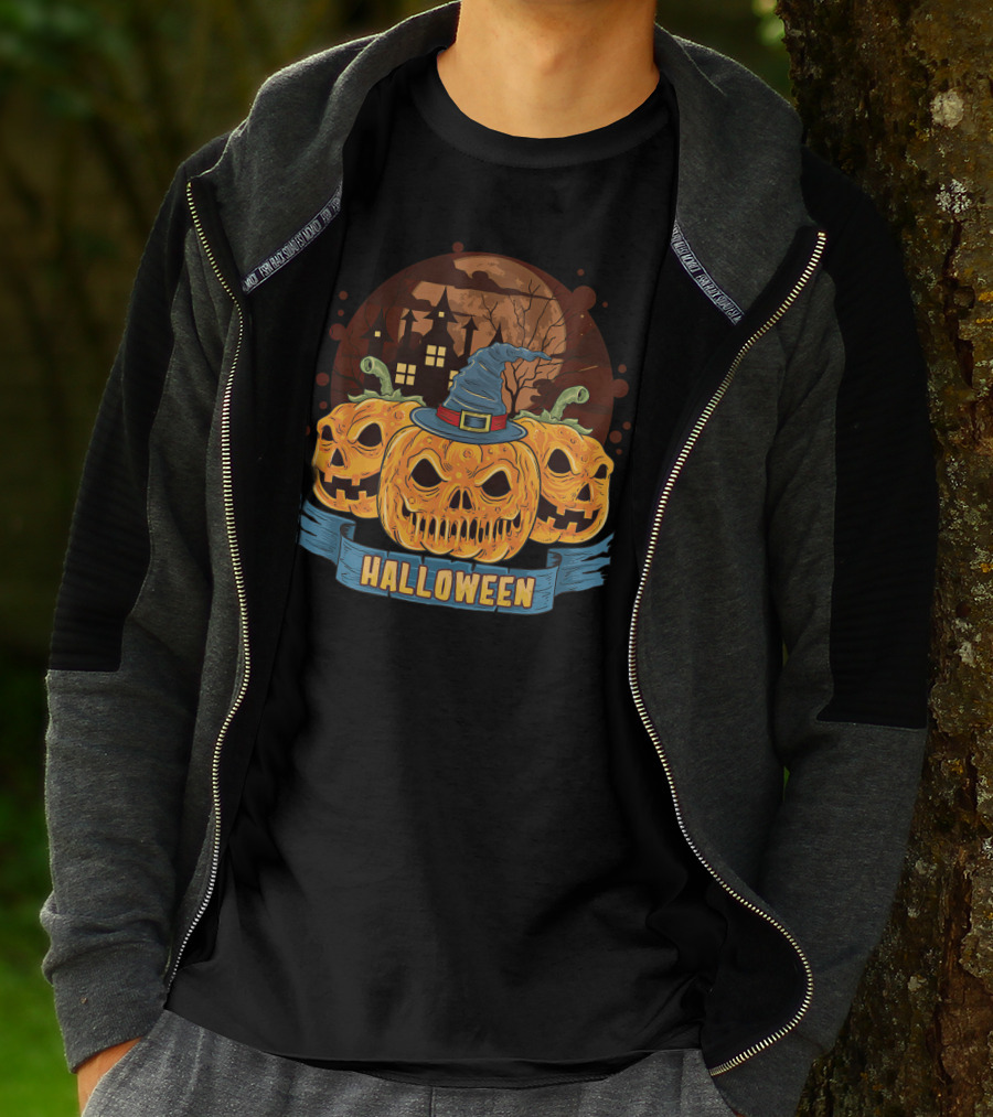 Halloween Spooky Pumpkins With Haunted House And Witch Hat T-Shirt