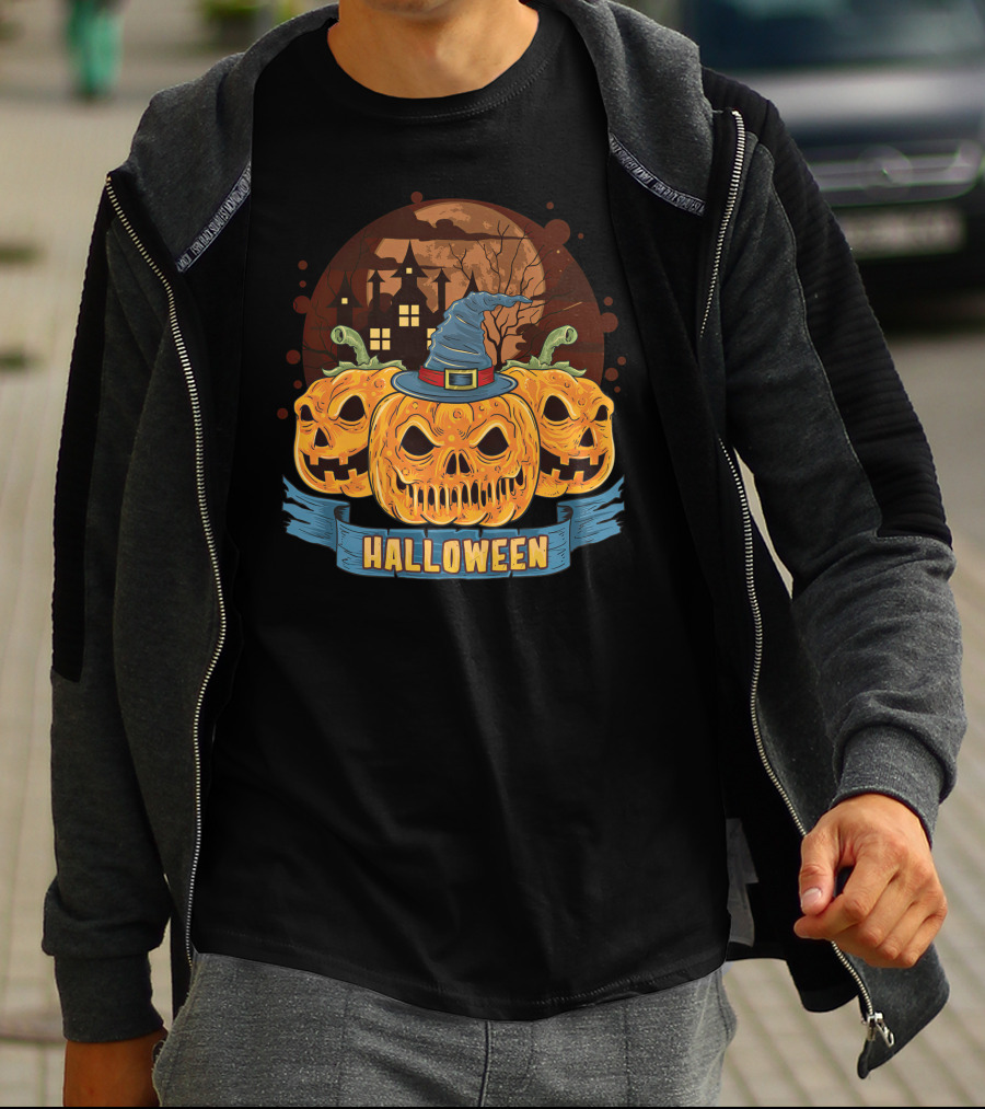 Halloween Spooky Pumpkins With Haunted House And Witch Hat T-Shirt