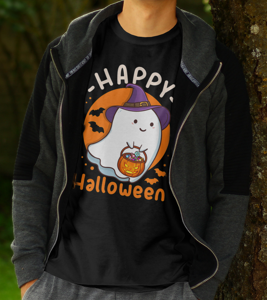 Happy Halloween Ghost With Pumpkin And Witch Hat T-Shirt