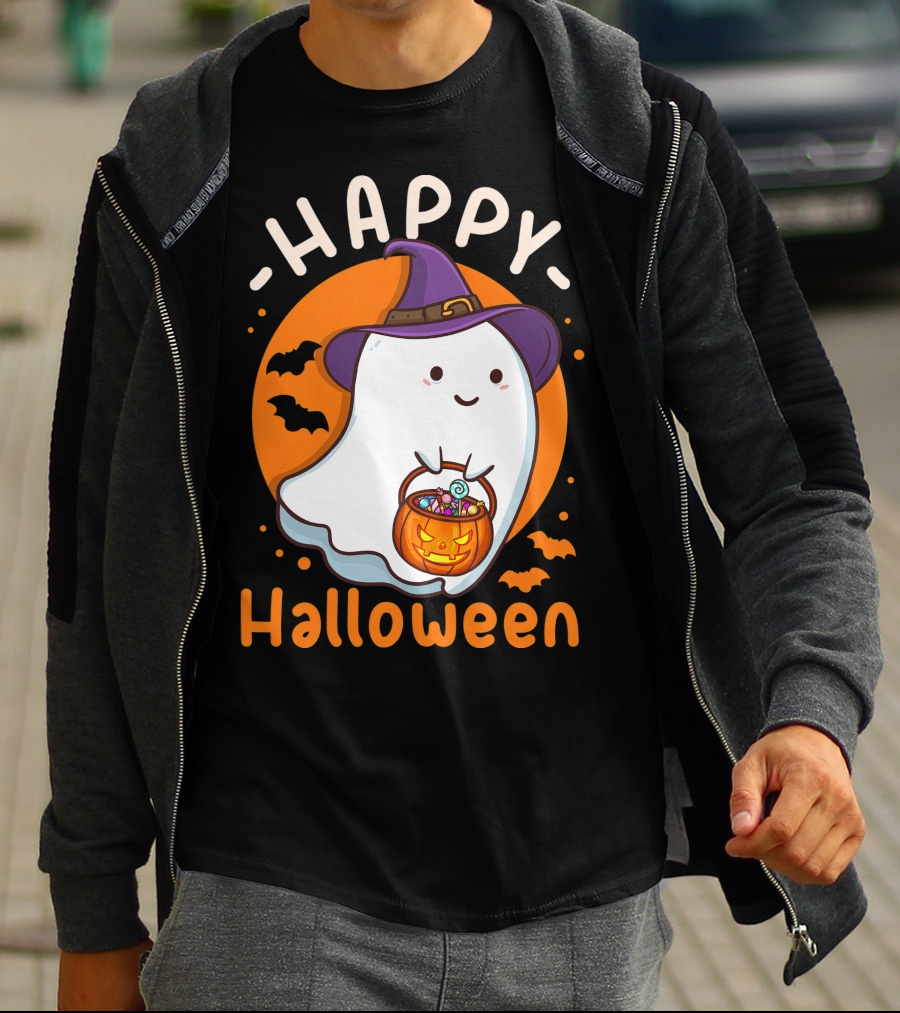 Happy Halloween Ghost With Pumpkin And Witch Hat T-Shirt
