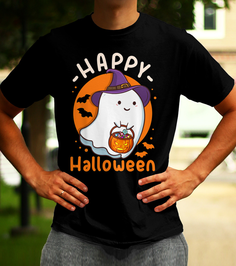 Happy Halloween Ghost With Pumpkin And Witch Hat T-Shirt