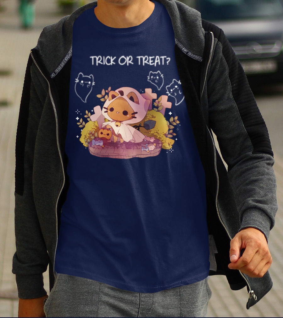 Trick Or Treat Kitty Ghost With Pumpkin And Crosses T-Shirt