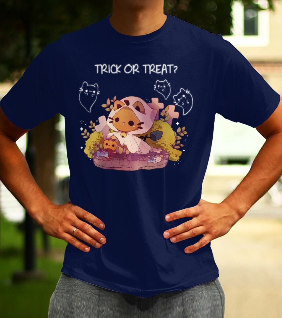 Trick Or Treat Kitty Ghost With Pumpkin And Crosses T-Shirt