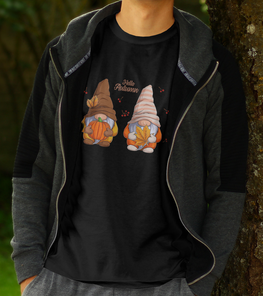 Hello Autumn Gnomes With Pumpkin And Leaf T-Shirt
