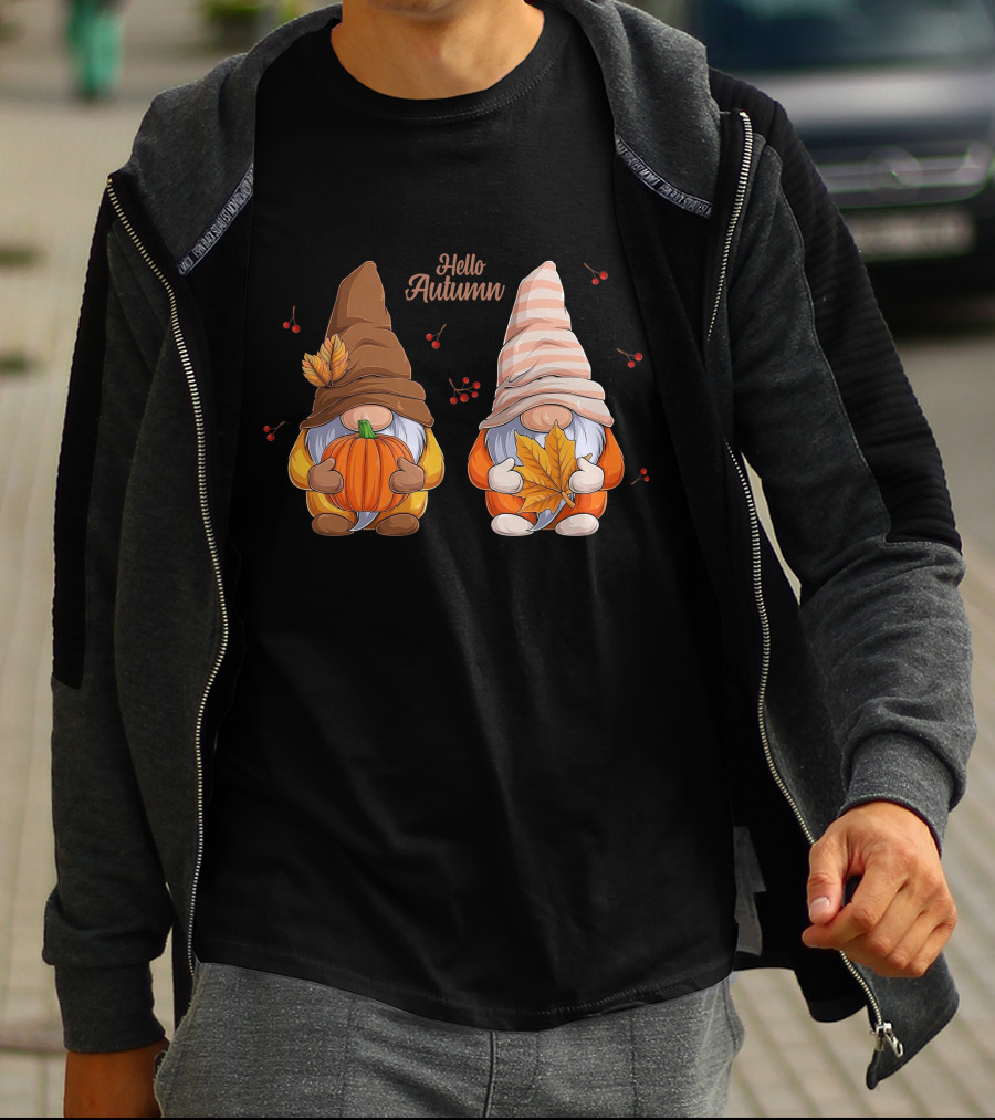 Hello Autumn Gnomes With Pumpkin And Leaf T-Shirt