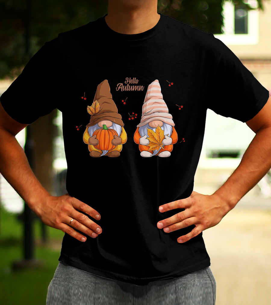 Hello Autumn Gnomes With Pumpkin And Leaf T-Shirt