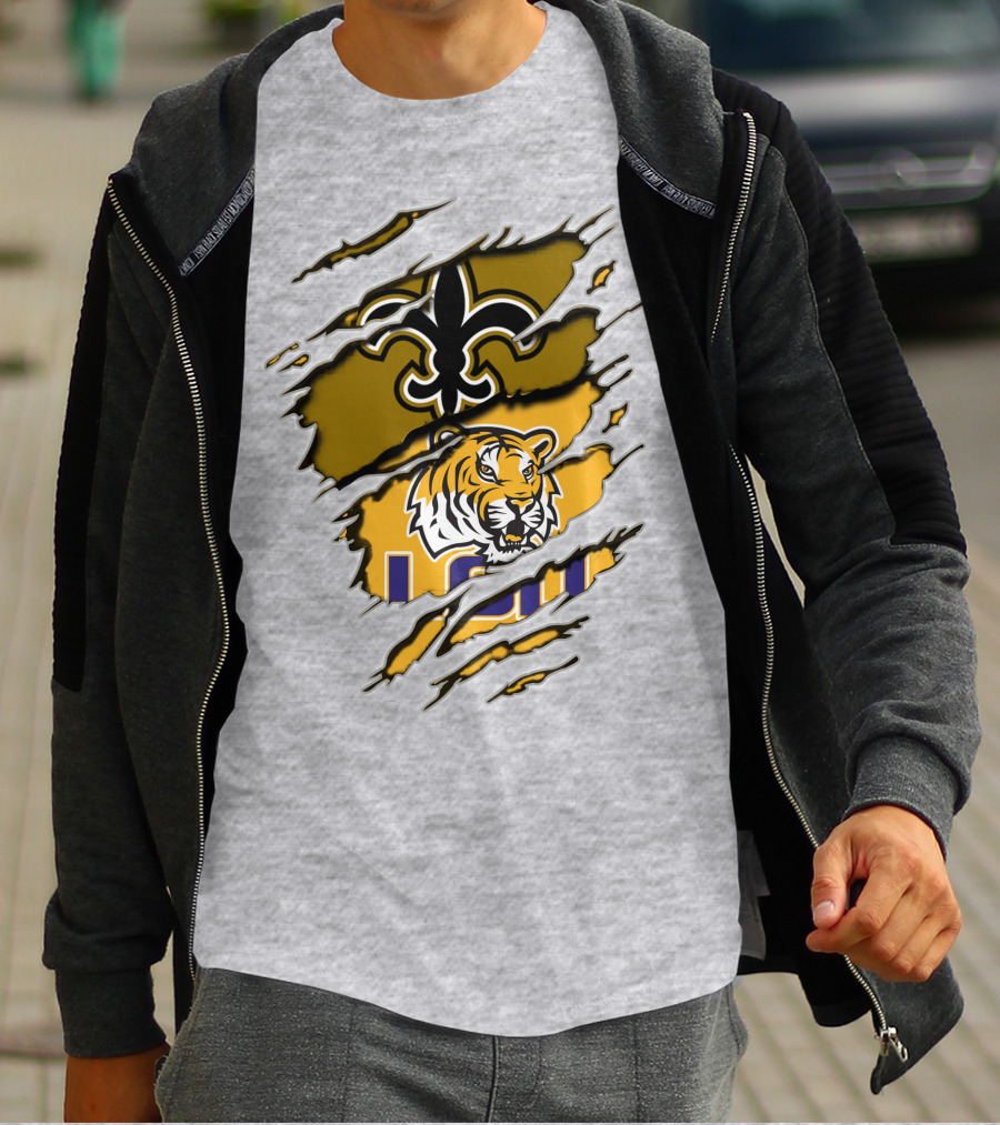 Saints Fleur-de-Lis And LSU Tiger Logo Combination T-Shirt