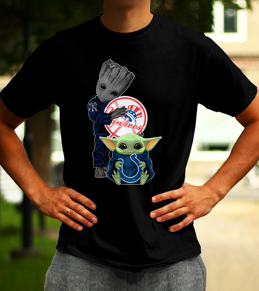 Yankees Groot Holding Baseball With Colts Baby Yoda T-Shirt