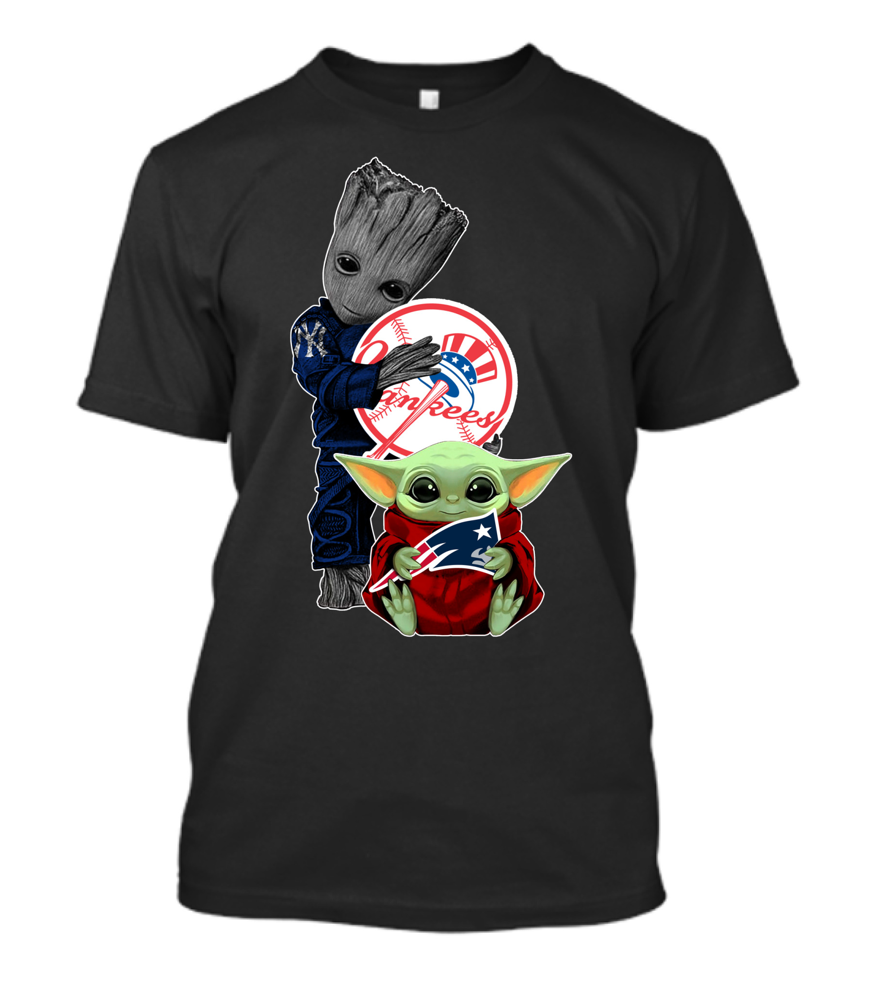 Yankees Baby Groot And Grogu Holding Patriots T-Shirt