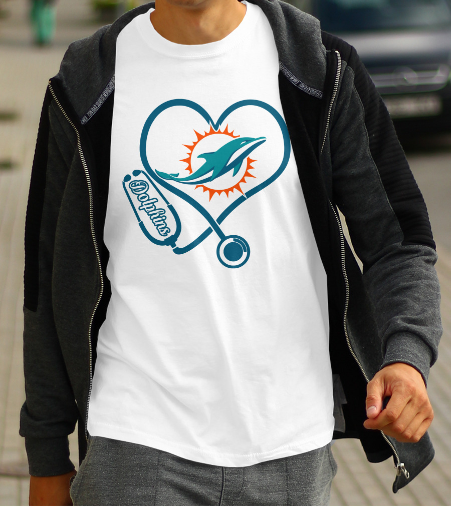 Nurse Heart Stethoscope Miami Dolphins T-Shirt