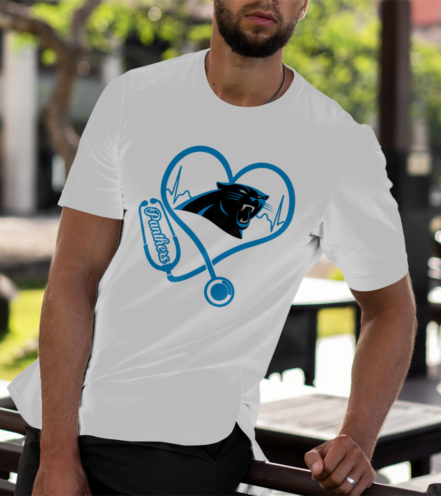Carolina Panthers Nurse Love Stethoscope Heartbeat Panthers T-Shirt