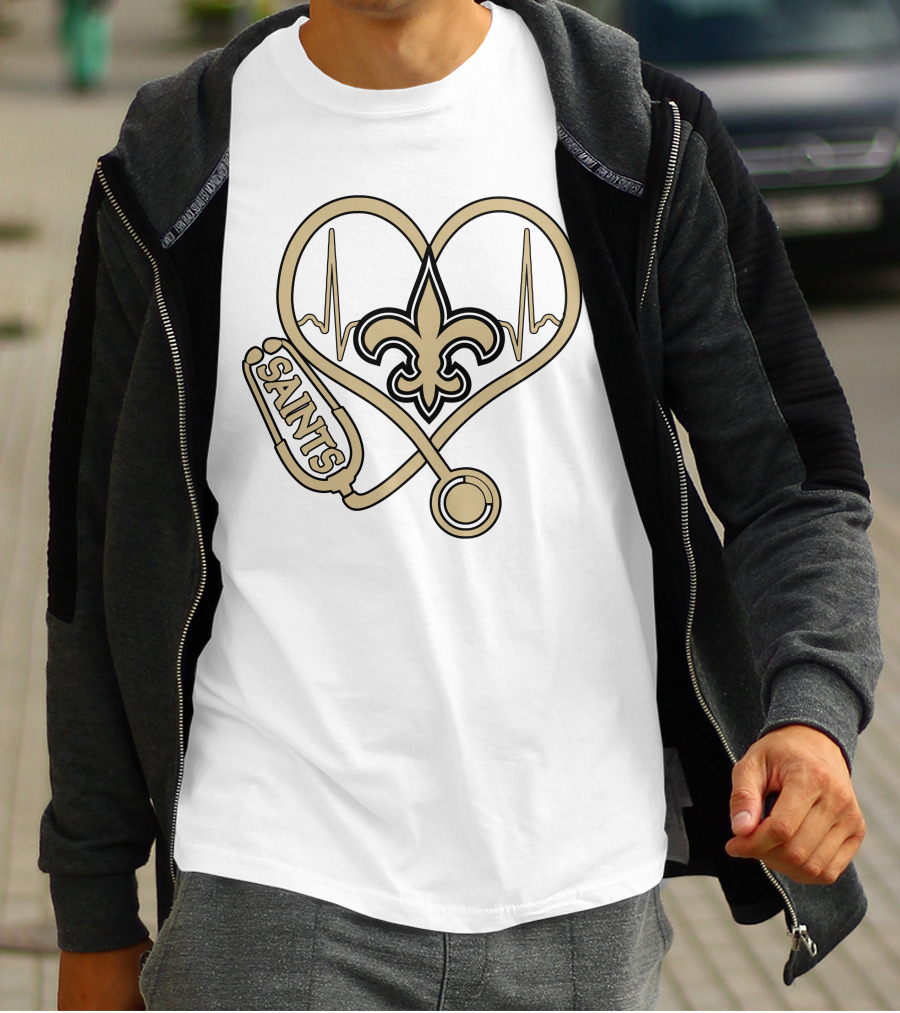 Nurse Love Saints Heartbeat Fleur-de-Lis Football T-Shirt