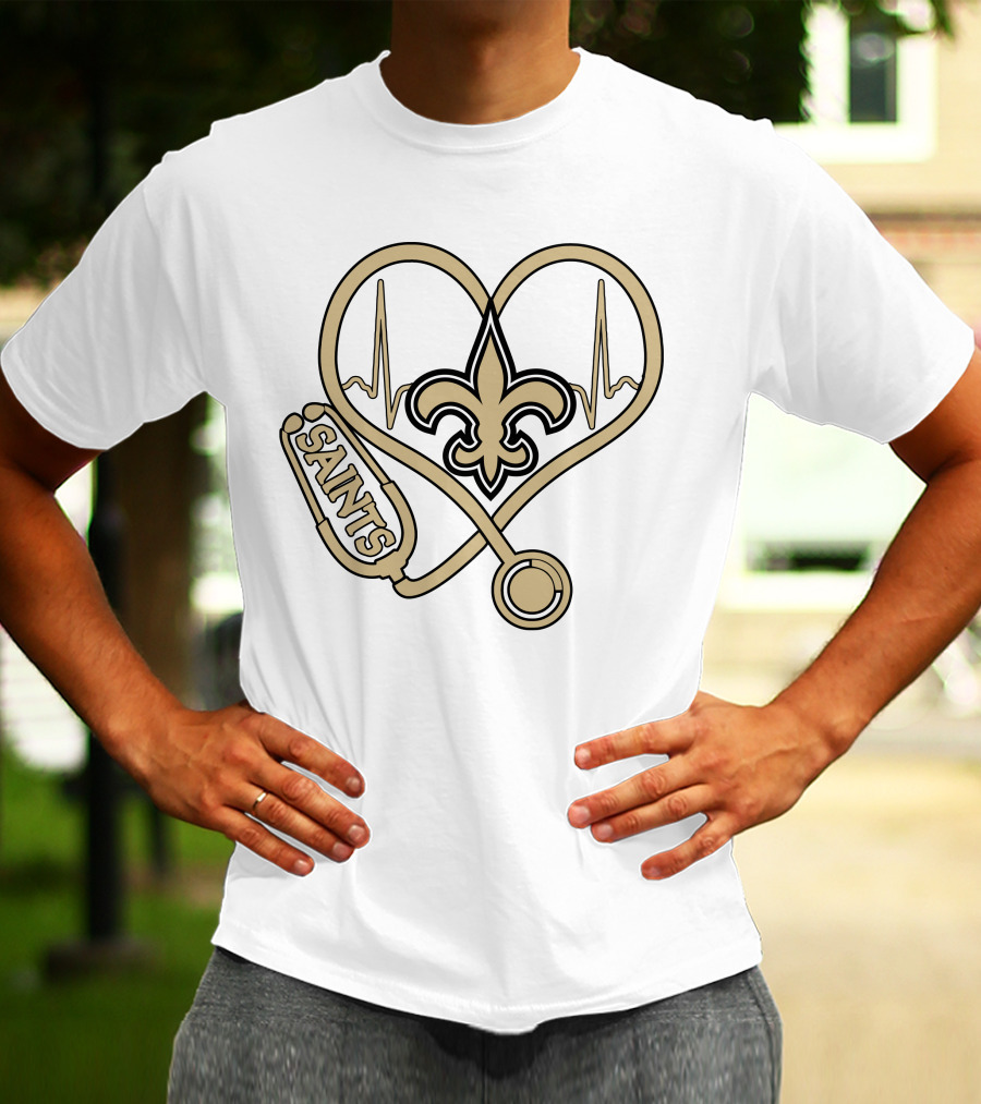 Nurse Love Saints Heartbeat Fleur-de-Lis Football T-Shirt
