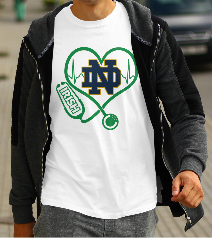 Nurse Love ND Irish Heartbeat Stethoscope Notre Dame Fighting Irish T-Shirt