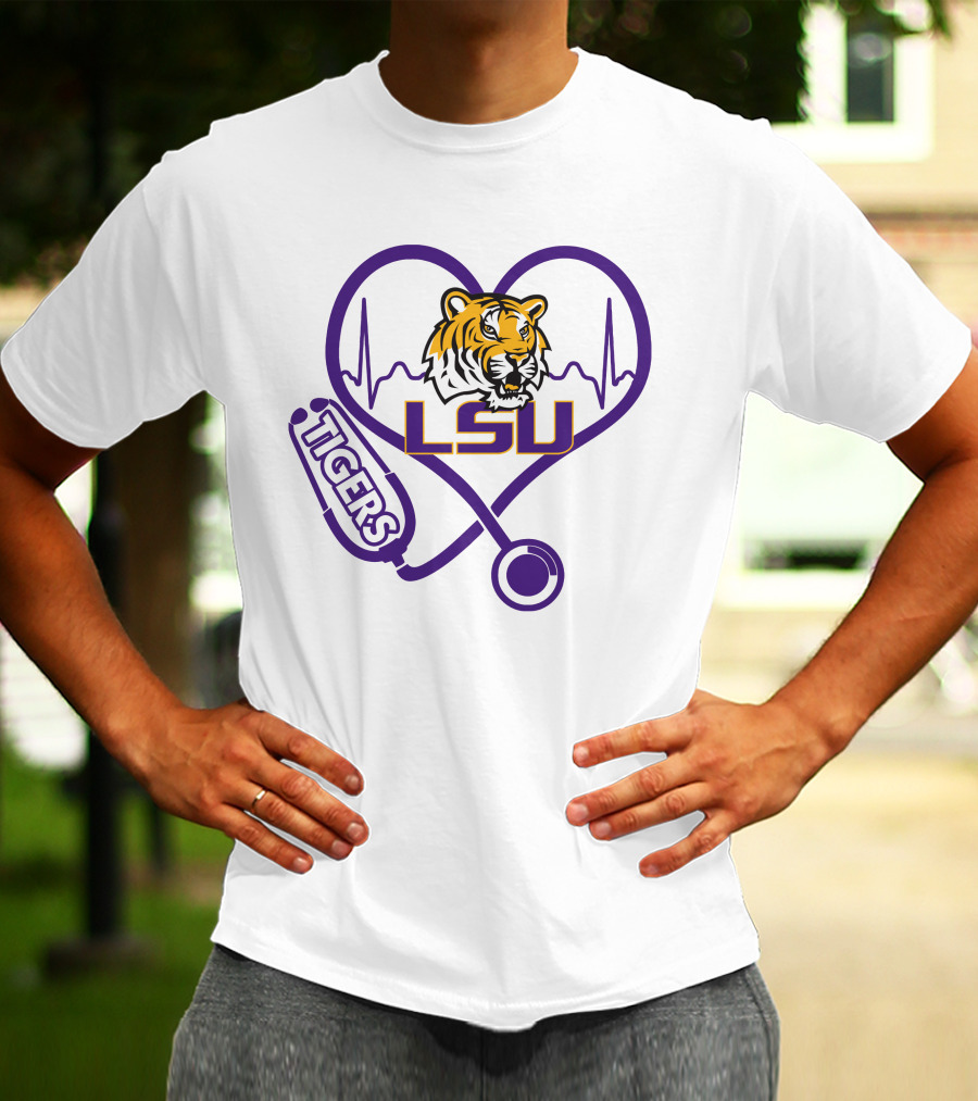 Nurse Love LSU Tigers Heartbeat Stethoscope Tiger T-Shirt