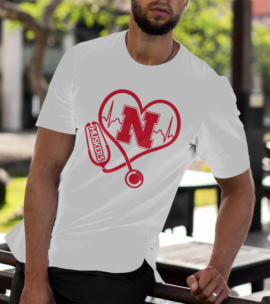 Nurse Love Nebraska Huskers Heartbeat Stethoscope T-Shirt