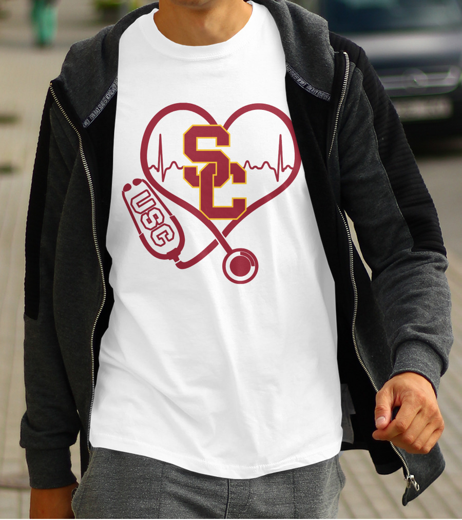 Nurse Love SC USC Trojans Heartbeat Stethoscope T-Shirt