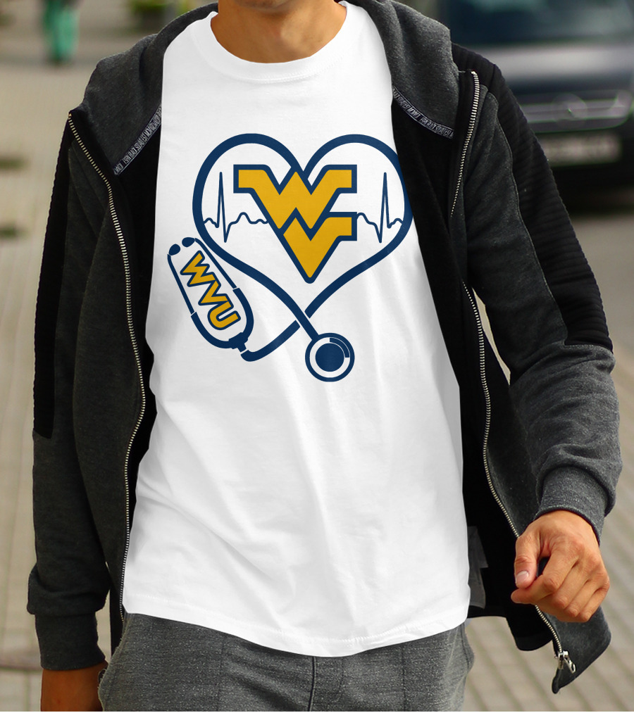 West Virginia Mountaineers Nurse Love WVU Stethoscope Heartbeat T-Shirt
