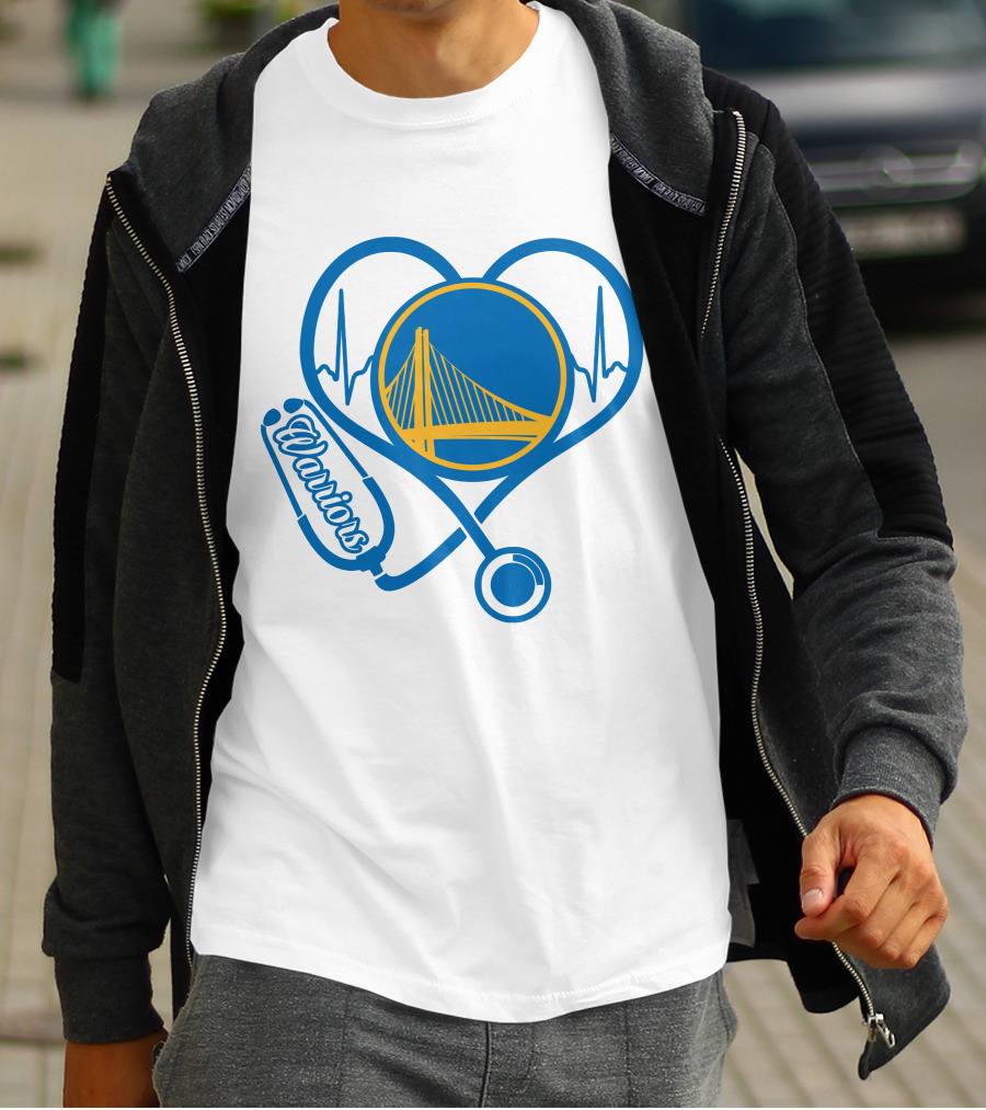 Nurse Love Warriors Heartbeat Stethoscope Golden State Bridge T-Shirt