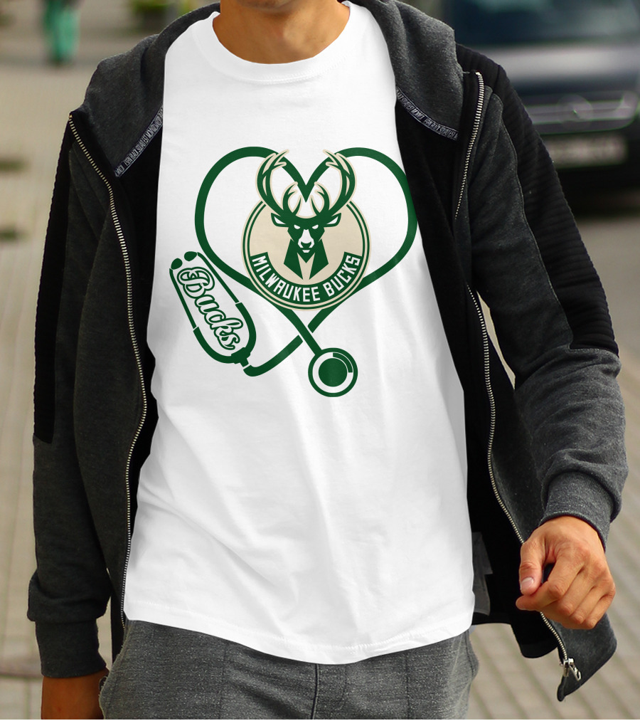Milwaukee Bucks Nurse Love Heart Stethoscope T-Shirt