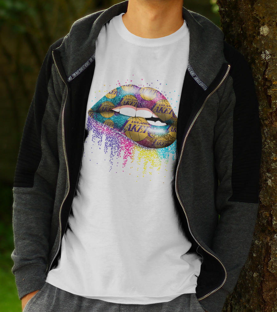 Lips Los Angeles Lakers Basketball Logo Glitter T-Shirt