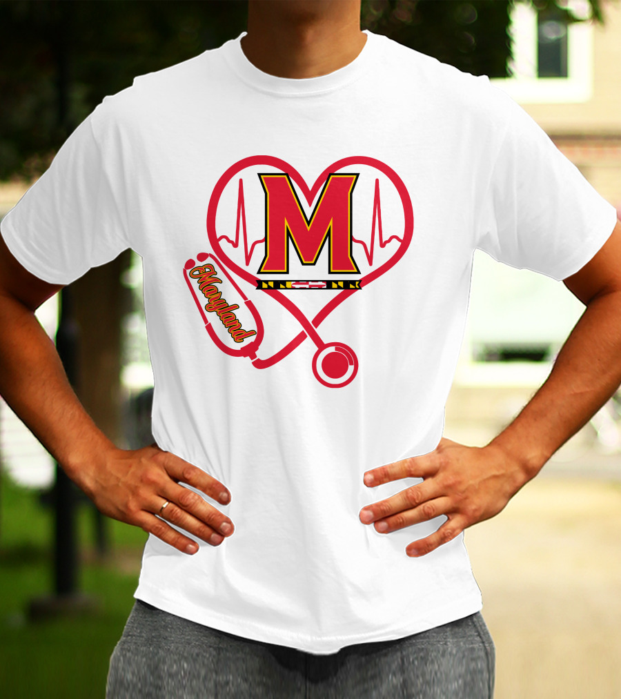 Nurse Love Maryland Terps Heartbeat Stethoscope T-Shirt