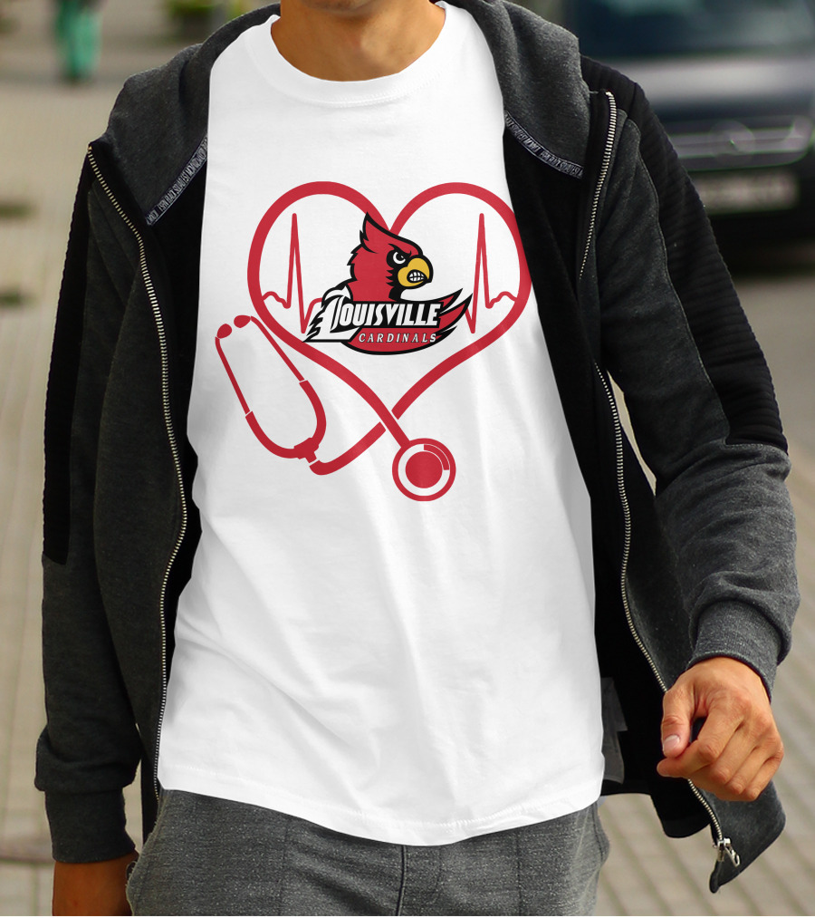 Nurse Love Louisville Cardinals Heartbeat Stethoscope T-Shirt