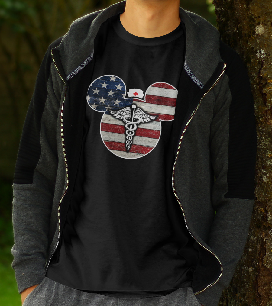 Patriotic Nurse Mickey With Caduceus And American Flag Elements T-Shirt