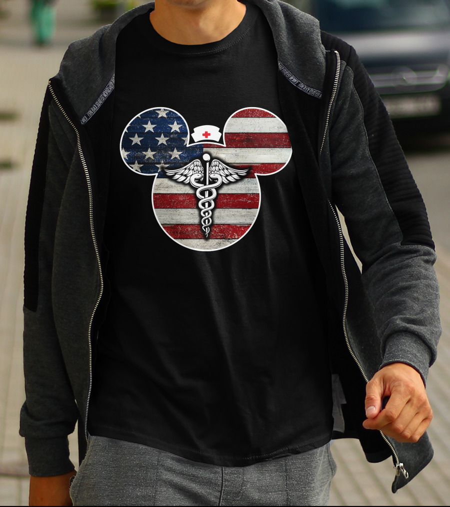 Patriotic Nurse Mickey With Caduceus And American Flag Elements T-Shirt