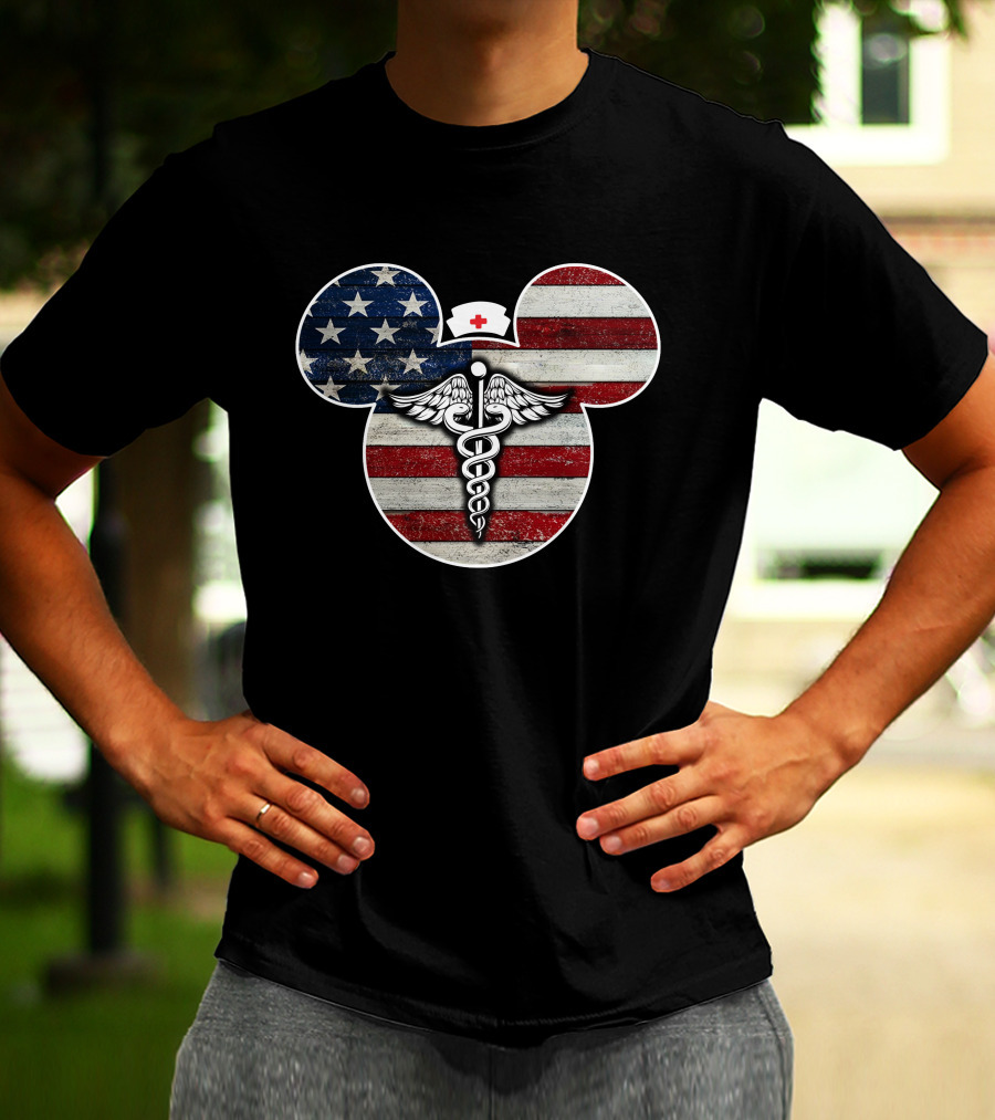 Patriotic Nurse Mickey With Caduceus And American Flag Elements T-Shirt