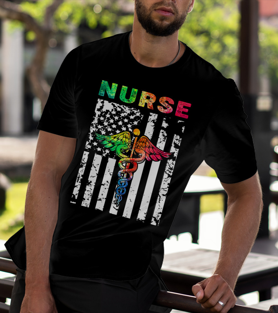 Nurse Usa Flag With Rainbow Caduceus Symbol T-Shirt