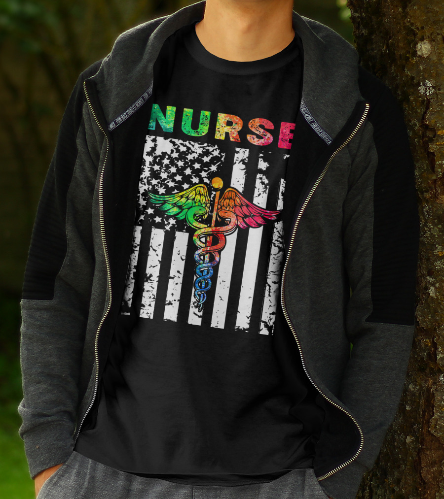 Nurse Usa Flag With Rainbow Caduceus Symbol T-Shirt