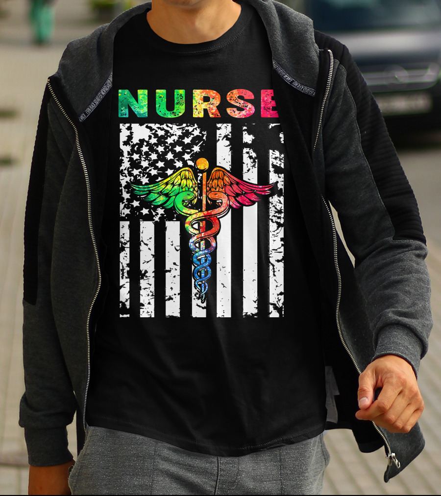 Nurse Usa Flag With Rainbow Caduceus Symbol T-Shirt