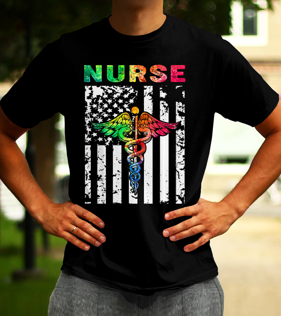 Nurse Usa Flag With Rainbow Caduceus Symbol T-Shirt