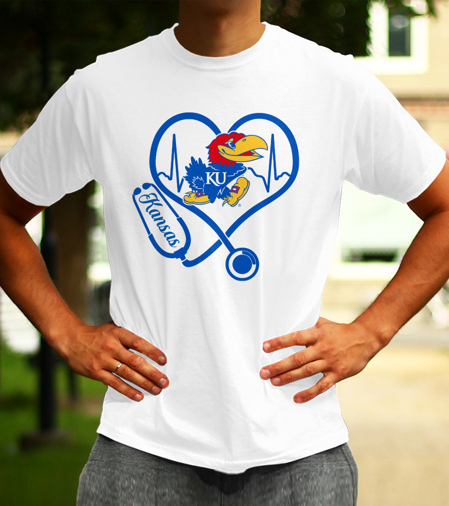 Nurse Love Kansas Jayhawks Heartbeat Stethoscope KU T-Shirt