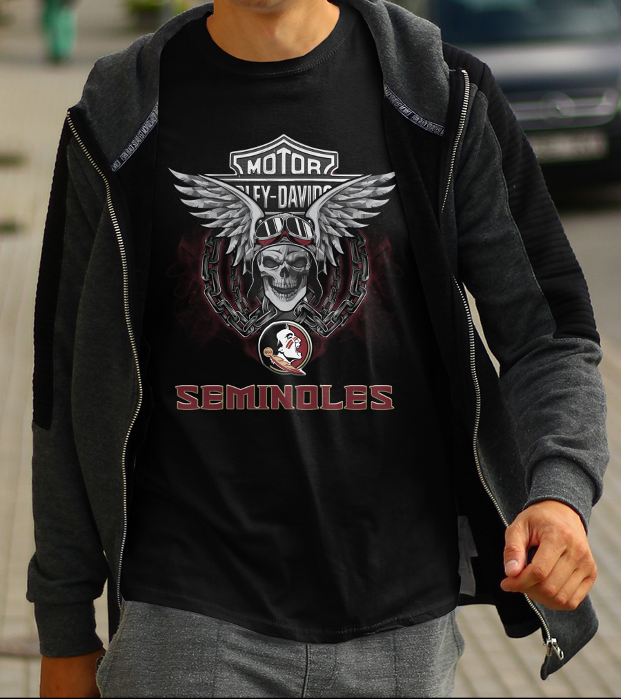 Harley Davidson Motor And Florida State Seminoles Skull And Logo T-Shirt
