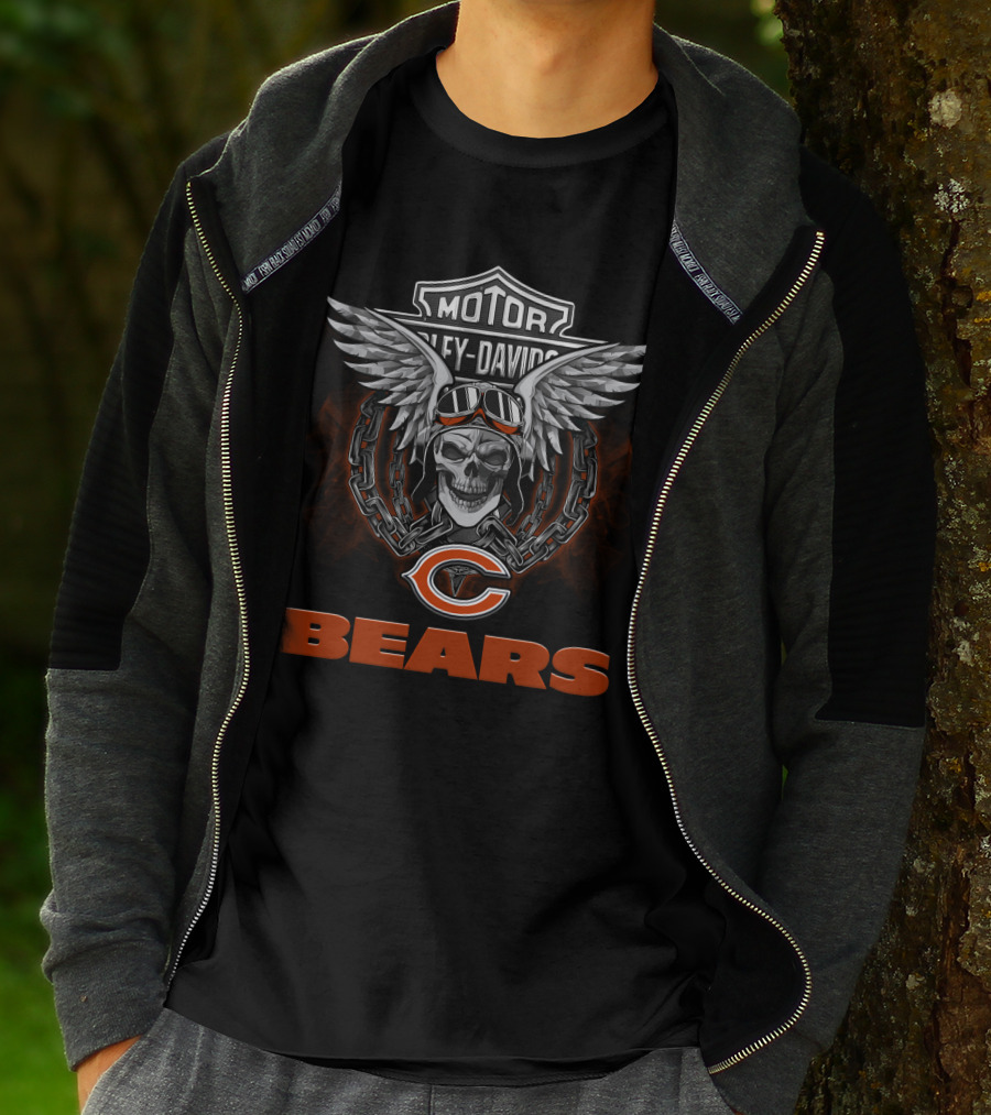 Harley Davidson Motorcycle Biker Winged Skull Nfl Chicago Bears T-Shirt