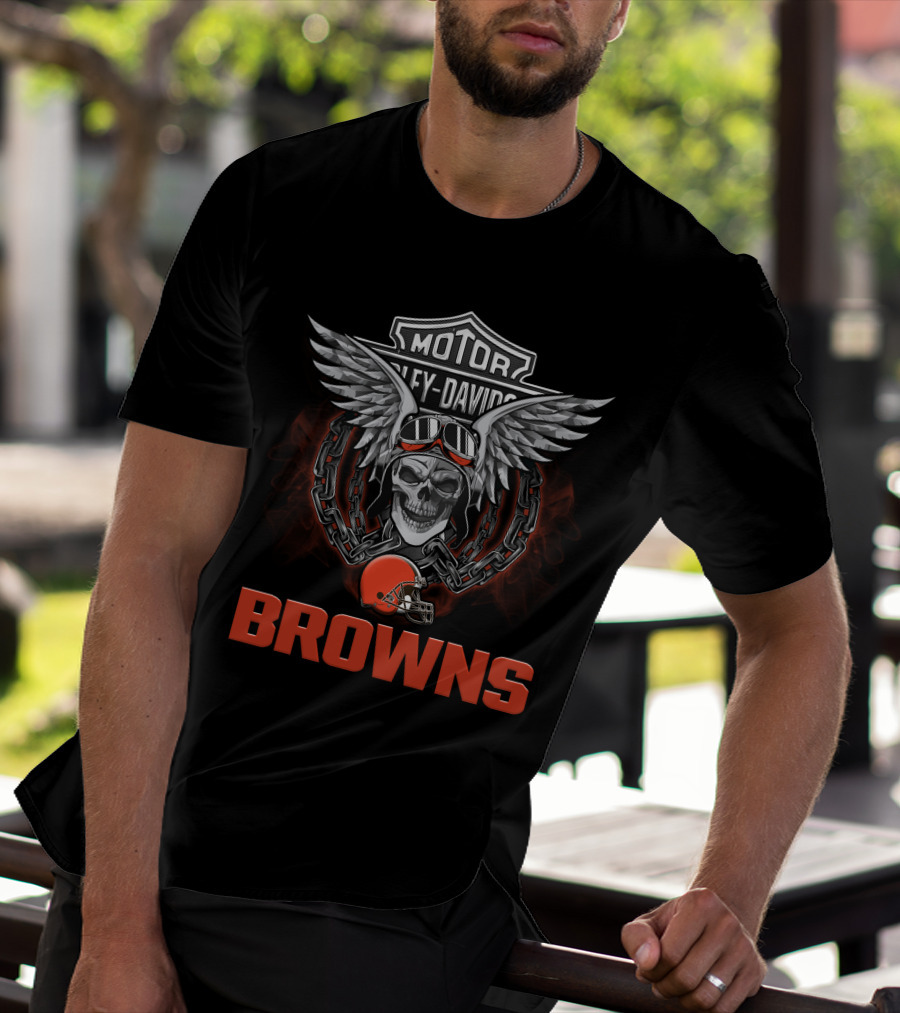 Harley Davidson Motorcycle Biker Skull Wings Nfl Cleveland Browns T-Shirt