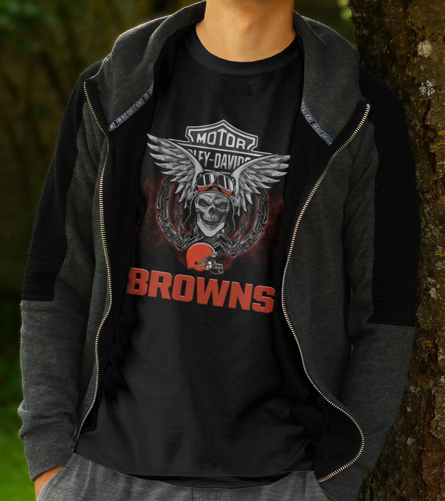 Harley Davidson Motorcycle Biker Skull Wings Nfl Cleveland Browns T-Shirt