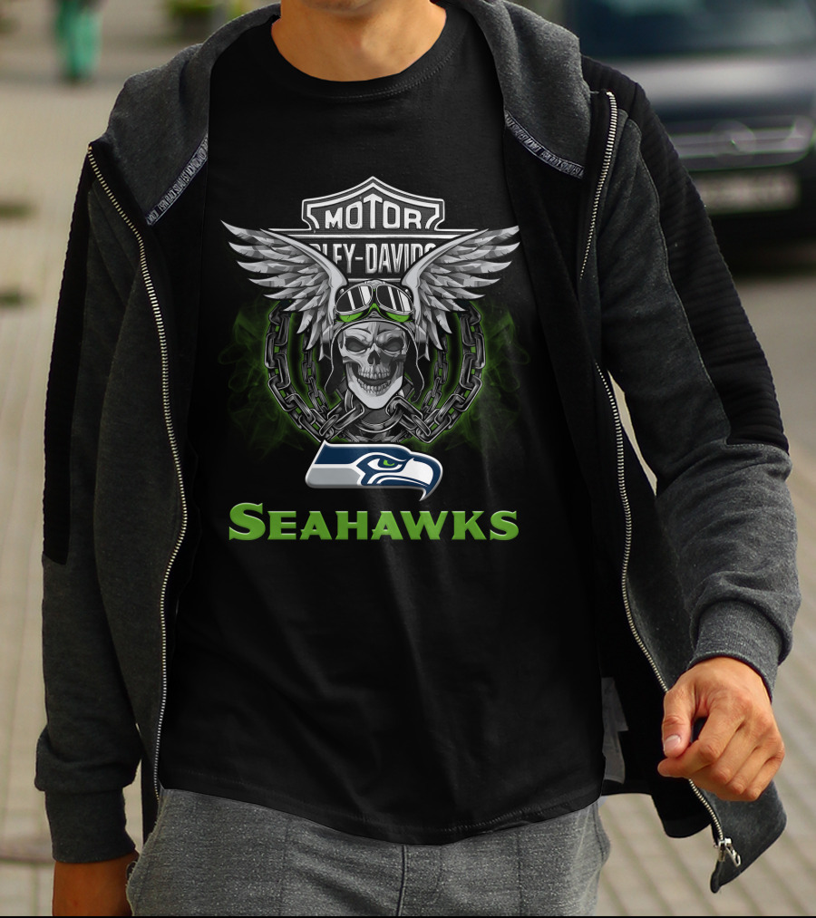 Harley Davidson Motorcycle Biker Seattle Seahawks Skull Wings Chains T-Shirt