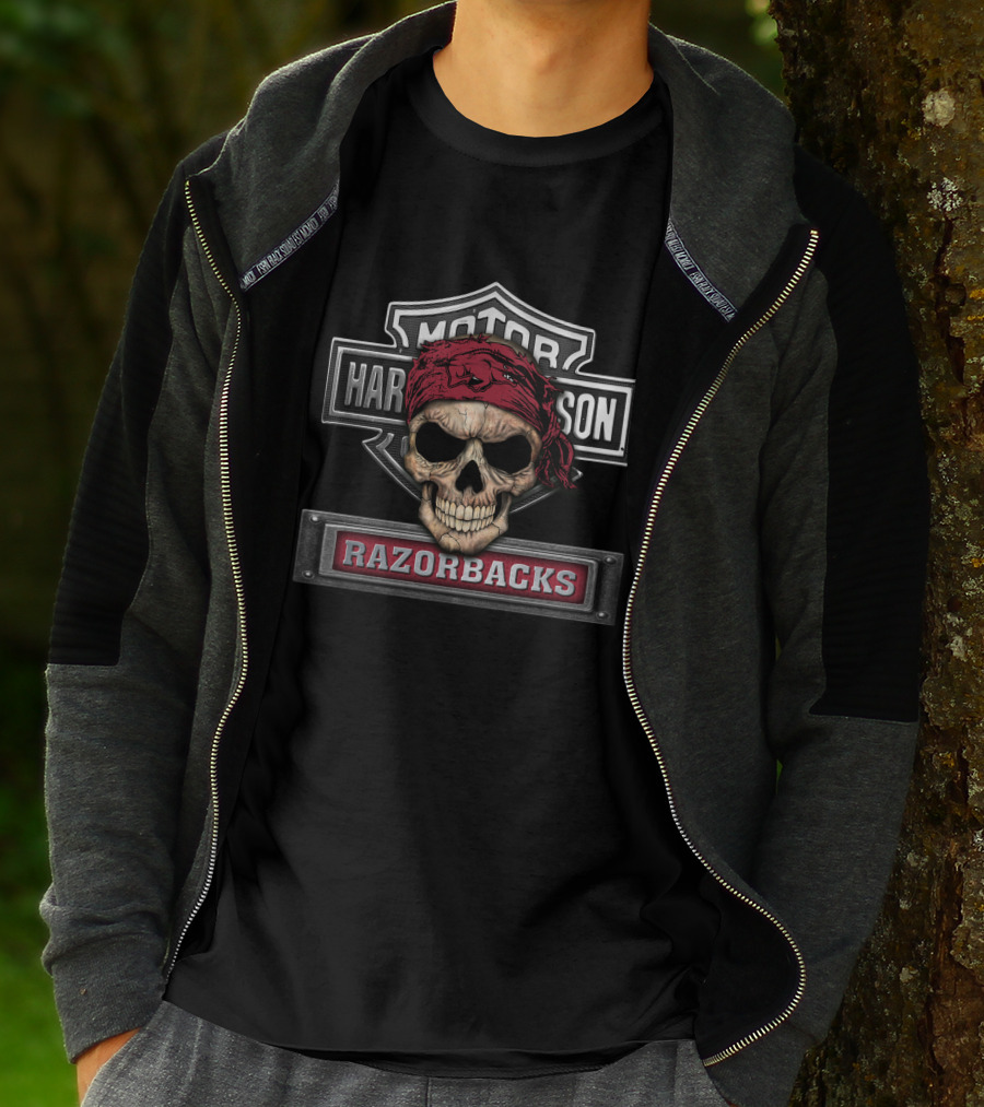 Harley Davidson Motor Arkansas Razorbacks Biker Skull T-Shirt