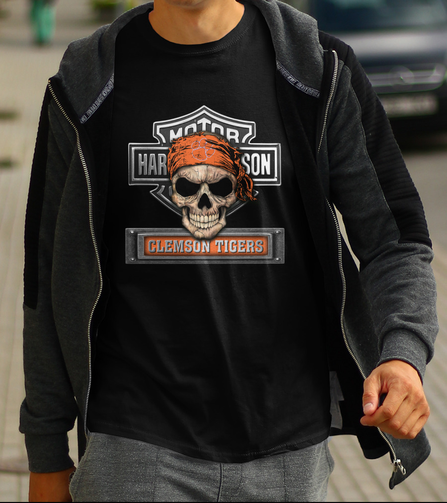 Harley Davidson Skull Bandana Clemson Tigers Motorcycle Biker Ncaa T-Shirt