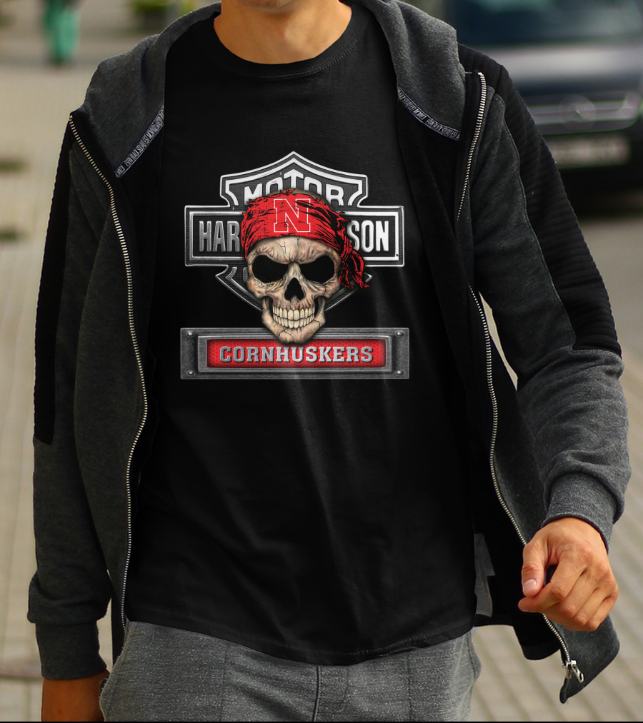 Harley Davidson Skull Ncaa Nebraska Cornhuskers Logo Motorcycle Biker T-Shirt
