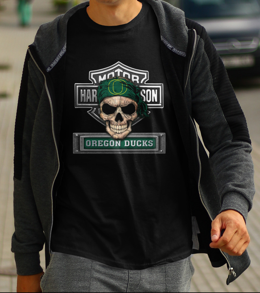 Harley Davidson Motorcycle Biker Oregon Ducks Skull T-Shirt