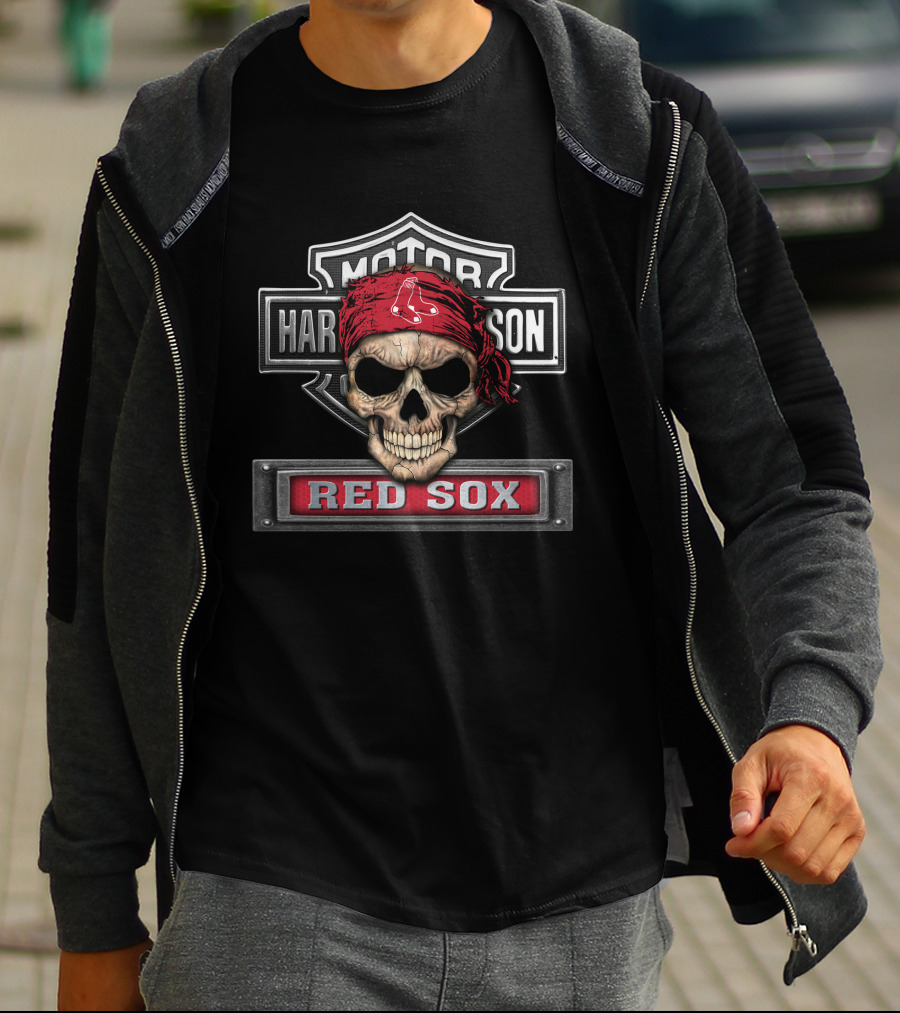 Harley Davidson Motorcycle Skull Red Sox Bandana Mlb Boston T-Shirt