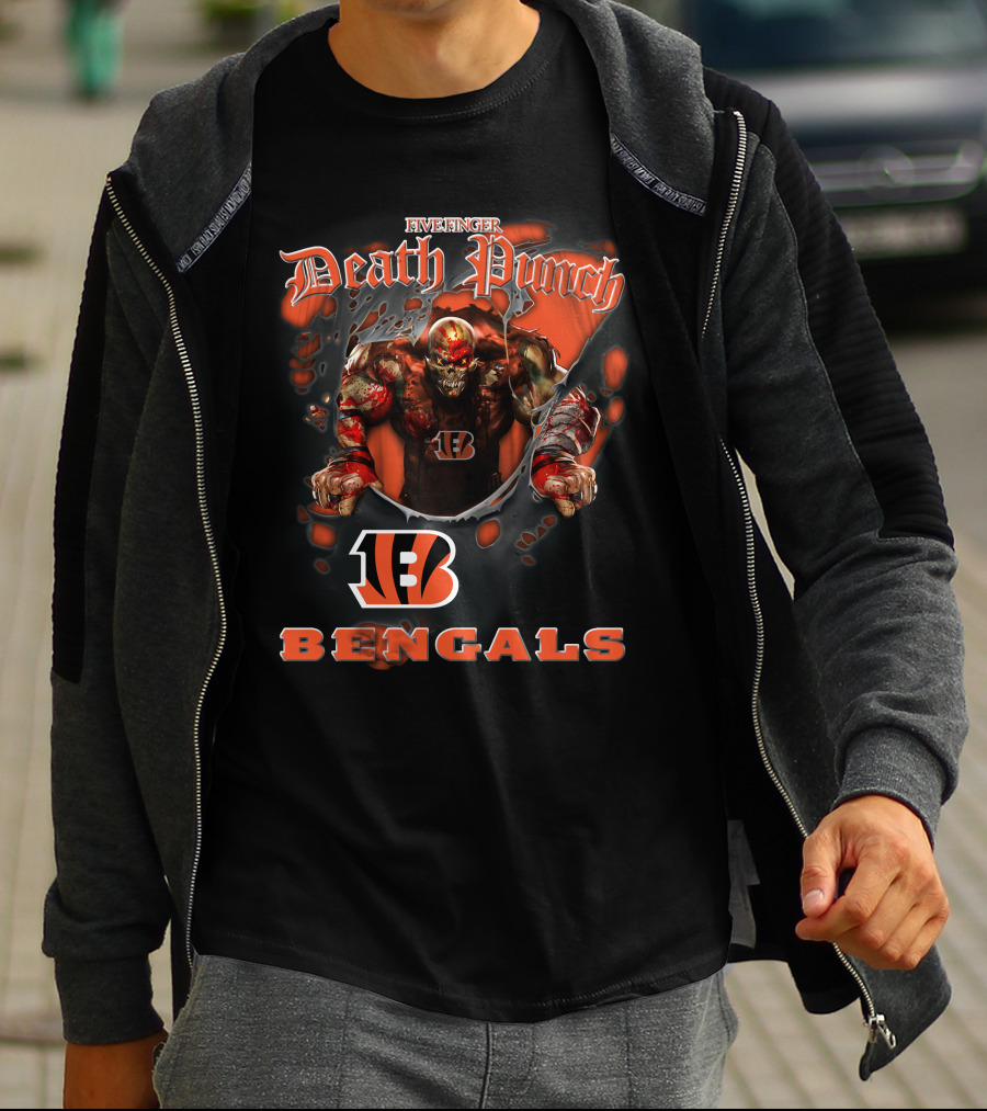 Five Finger Death Punch Nfl Cincinnati Bengals Biker Theme With Harley Davidson Elements T-Shirt