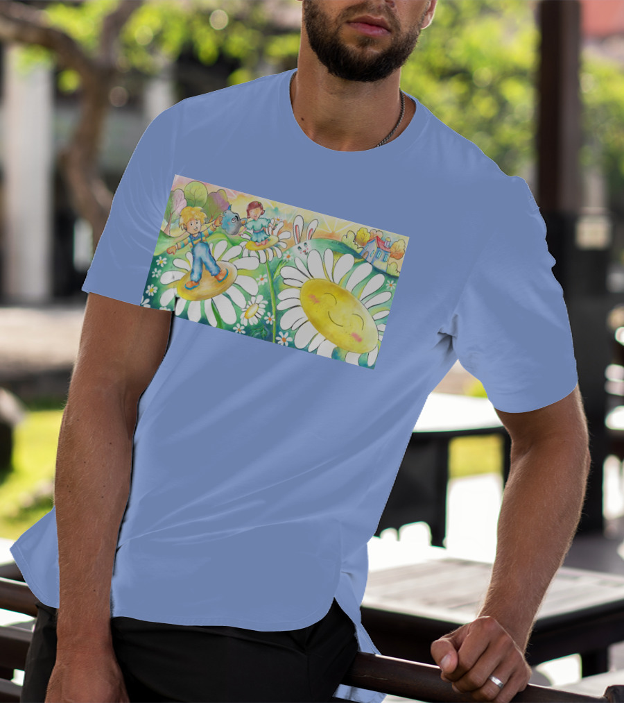 Lodo Happy Sunflower Meadows With Kids And Bunny In A Vibrant Landscape T-Shirt