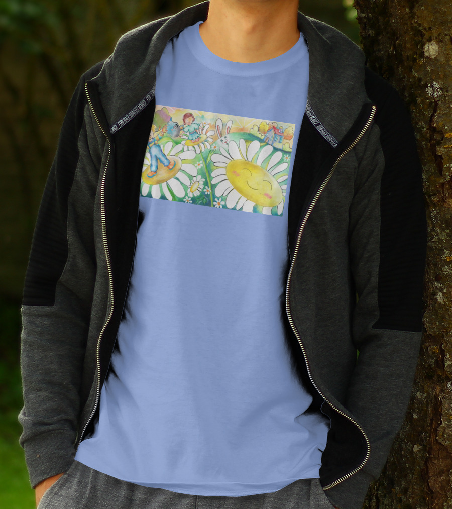 Lodo Happy Sunflower Meadows With Kids And Bunny In A Vibrant Landscape T-Shirt
