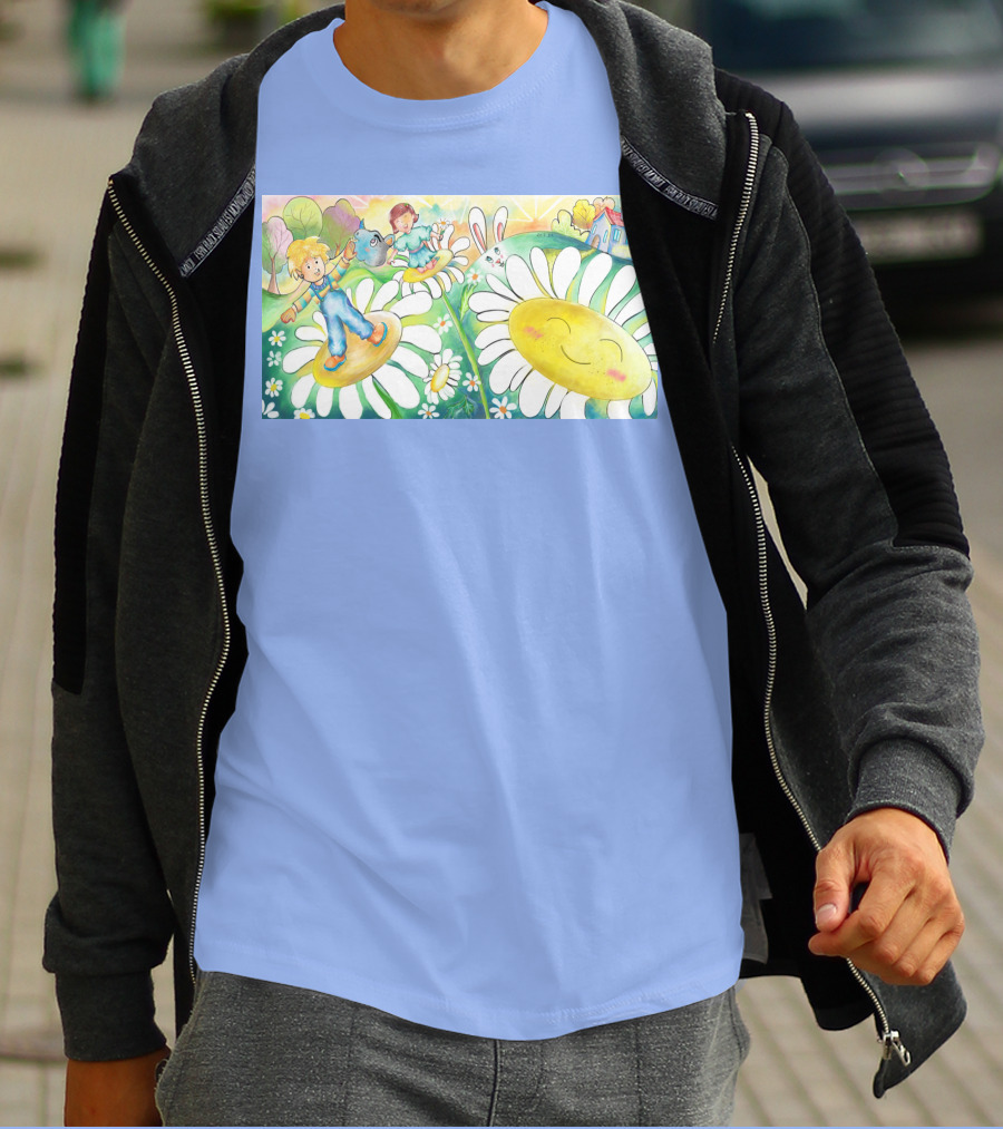 Lodo Happy Sunflower Meadows With Kids And Bunny In A Vibrant Landscape T-Shirt